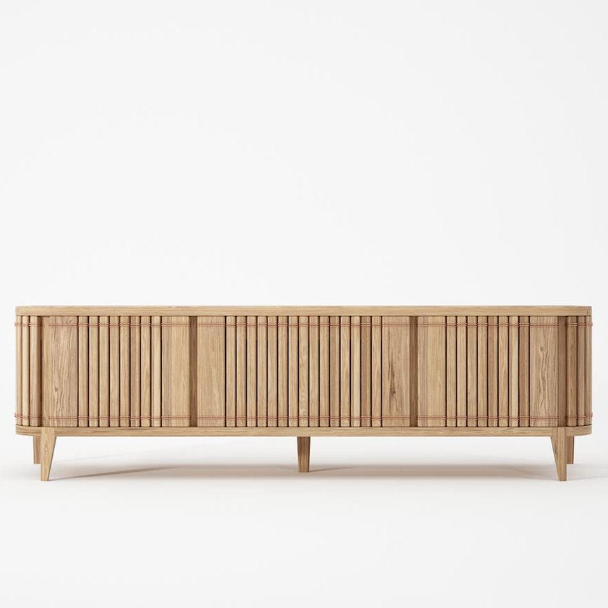 Wooden KKP05O-2 TV stand with vertical slat design.