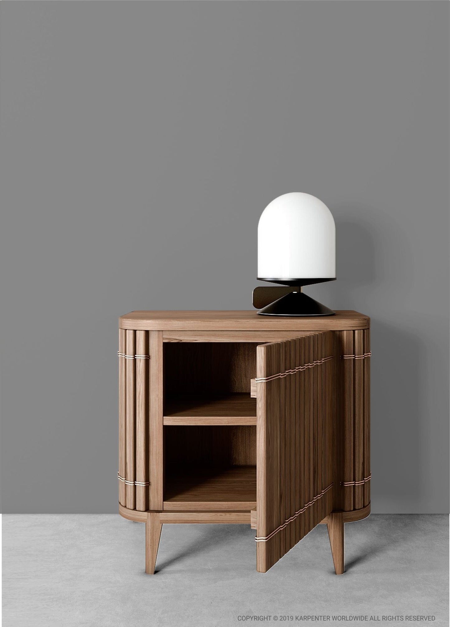 KOPARR side table with lamp and open door.