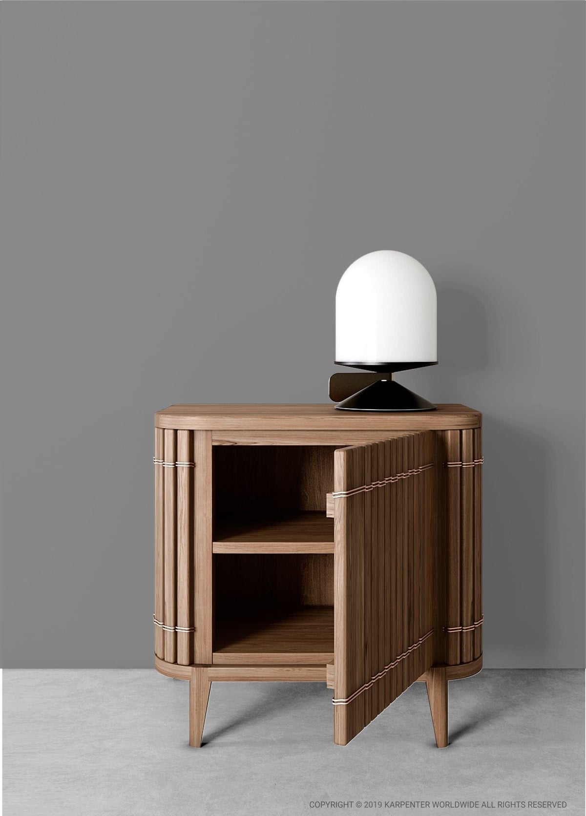 KOPARR side table with lamp and open door.