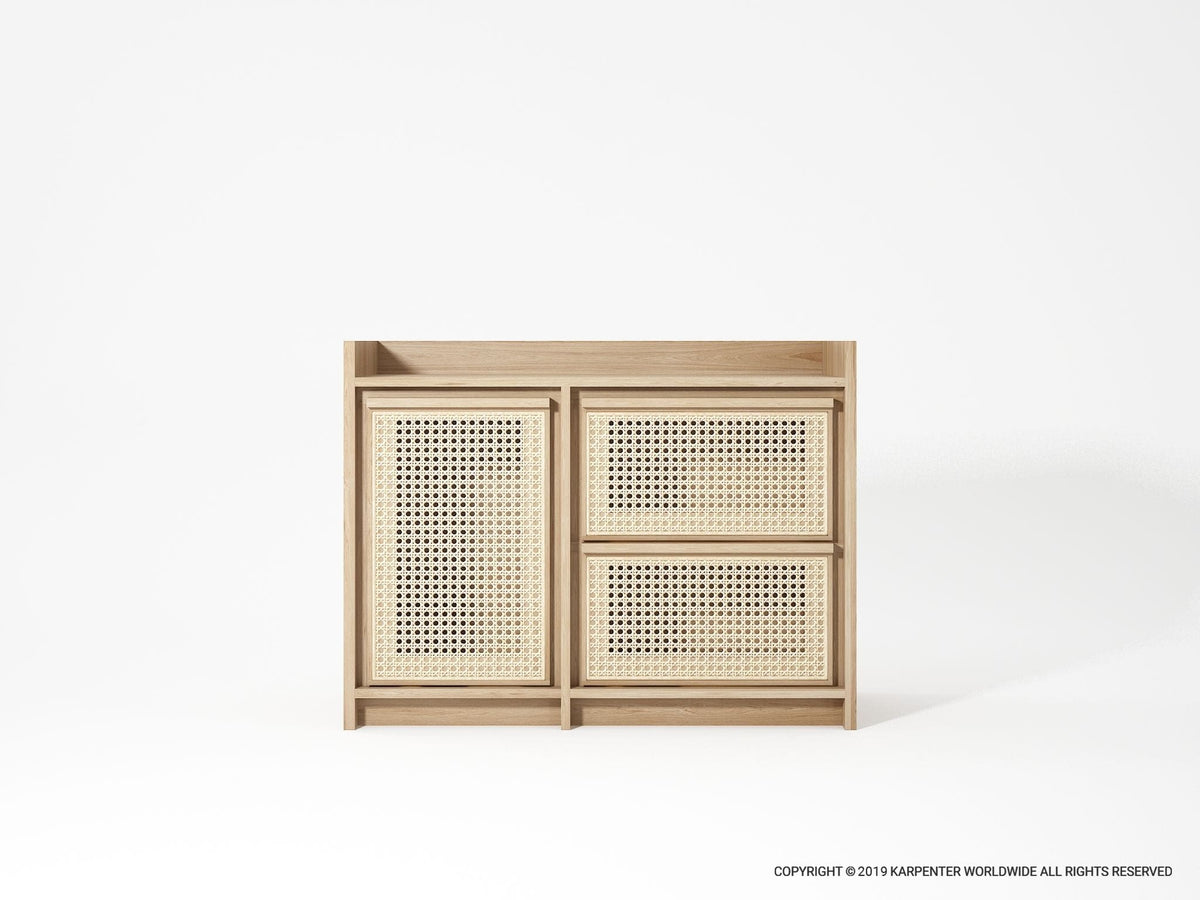 Light wood cabinet with woven door and drawers