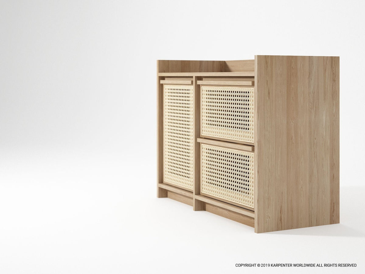Wooden cabinet with woven drawer fronts