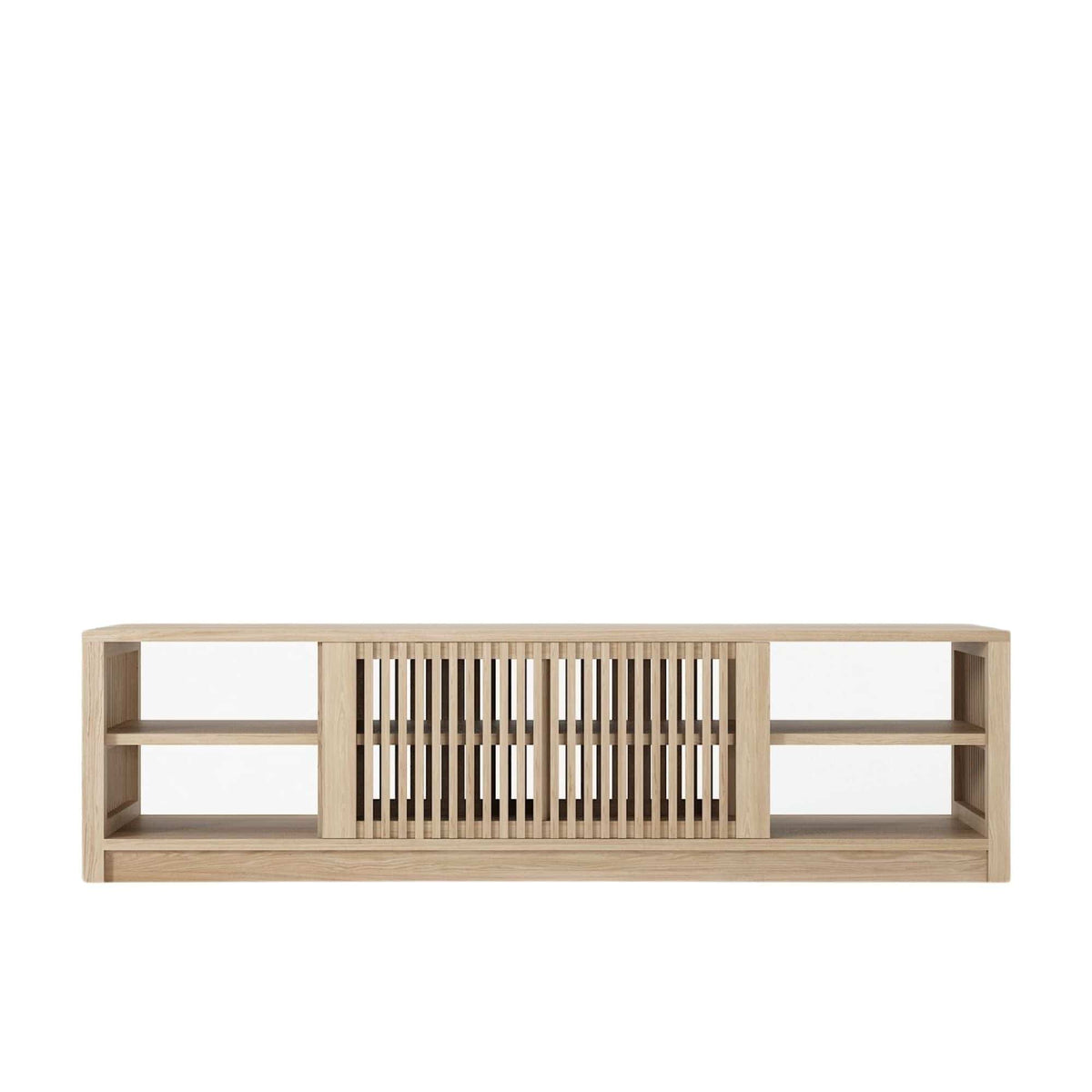 KRY02O_3 wooden media console with slatted doors and shelves