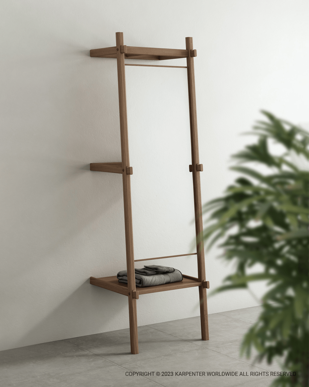 Wooden leaning shelf with mirror and storage