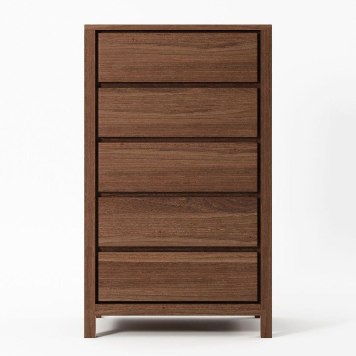 Tall wooden dresser with five drawers.