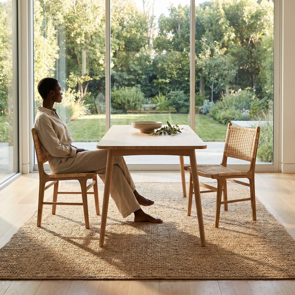 Woman sitting at a wooden table in a bright room with large windows showing a garden view.