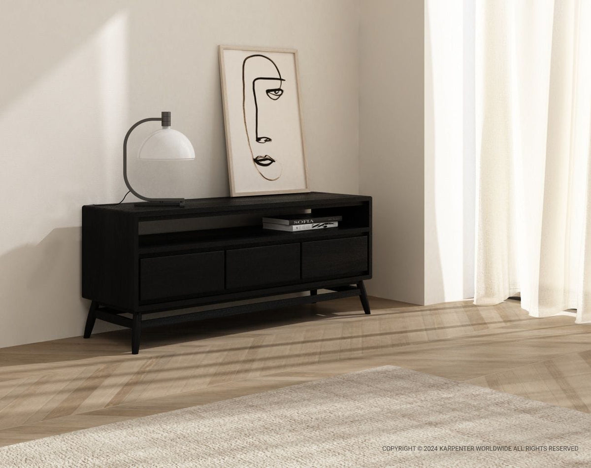 KT025SB black TV stand in modern lifestyle setting