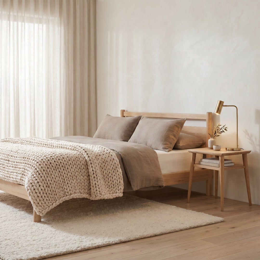 Neatly made bed with beige bedding in a bright bedroom