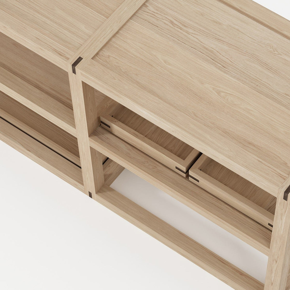 Wooden storage unit with open shelves