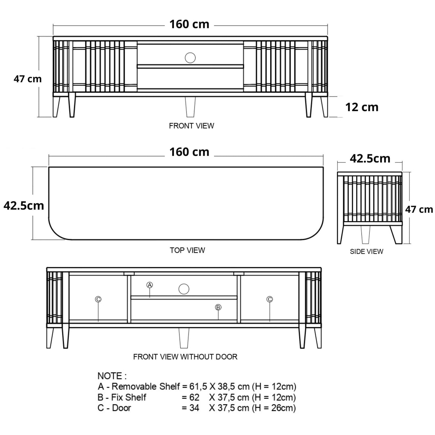 Koppar TV Stand Dimensions - 160cm wide, with shelf and door details.
