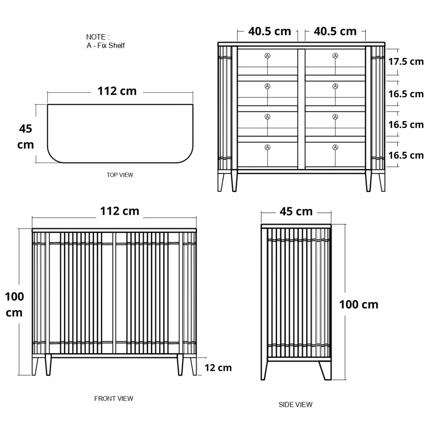 112cm wide cabinet with 45cm depth, various views.