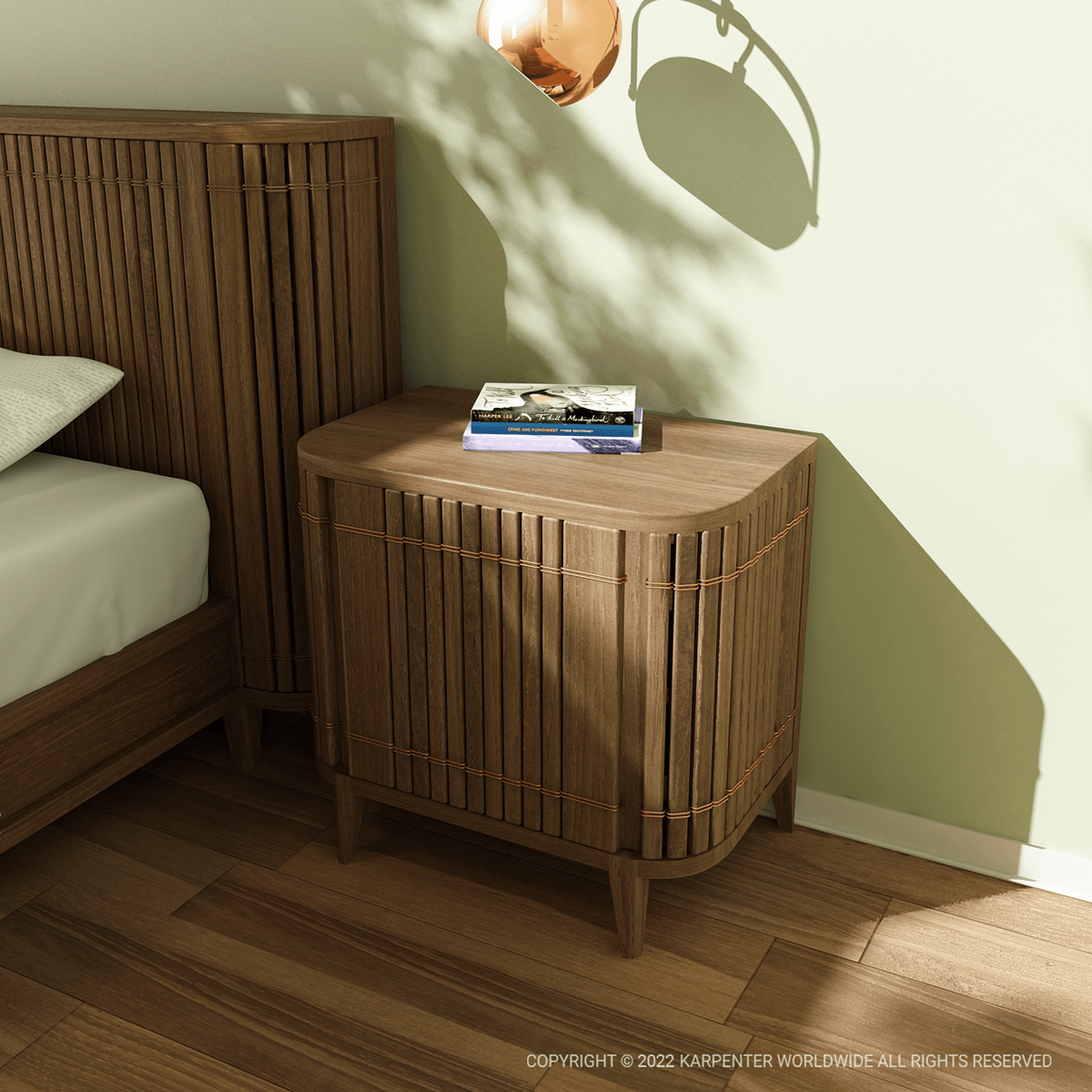 Koppar single bed with side table, wooden nightstand