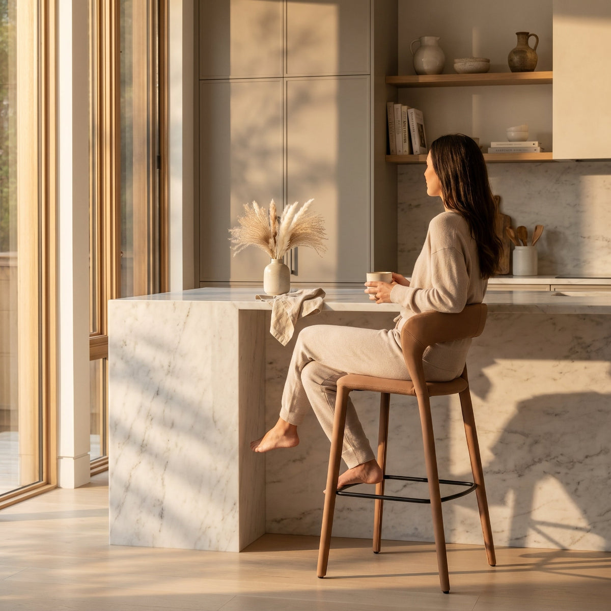 Woman sitting at a kitchen counter with a cup, surrounded by natural light