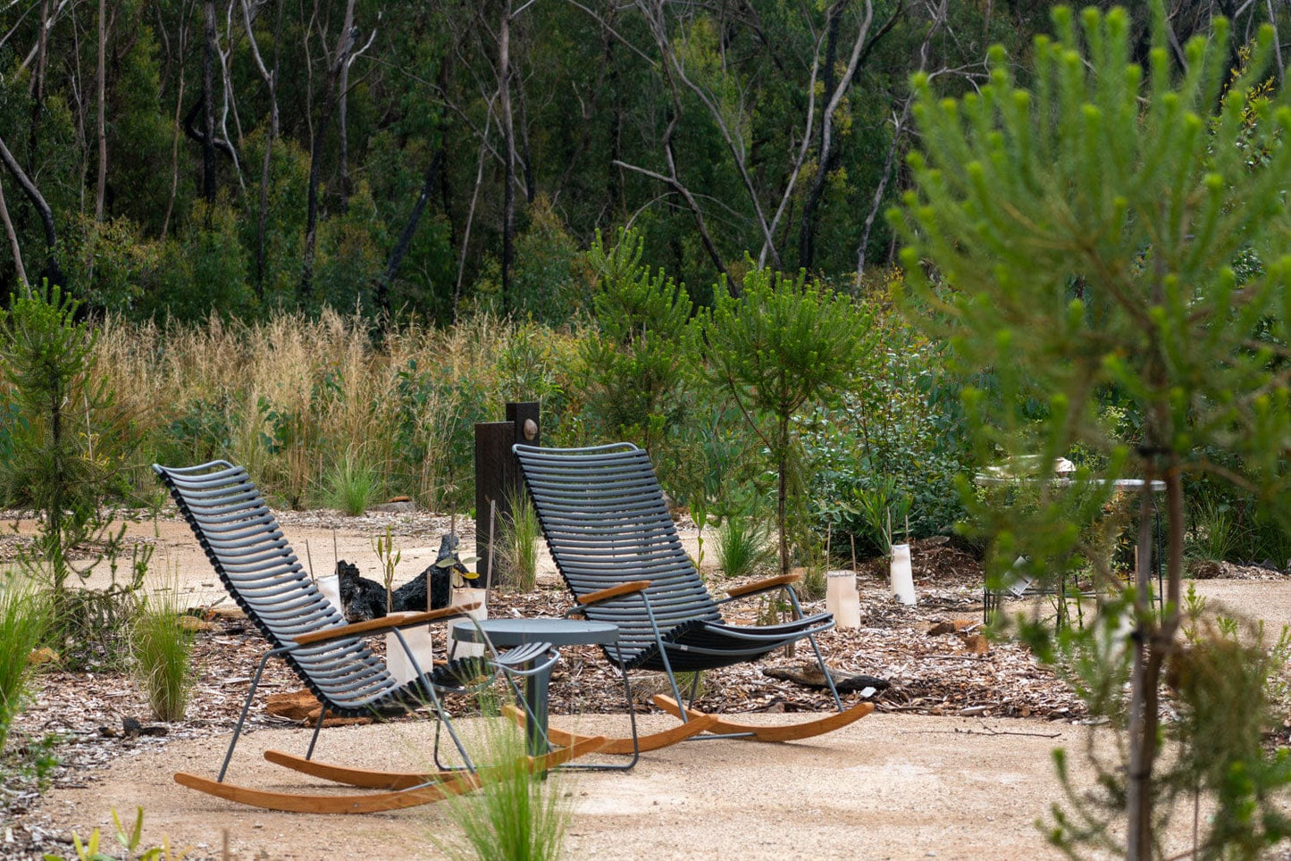 Outdoor rocking lounge chairs in natural setting