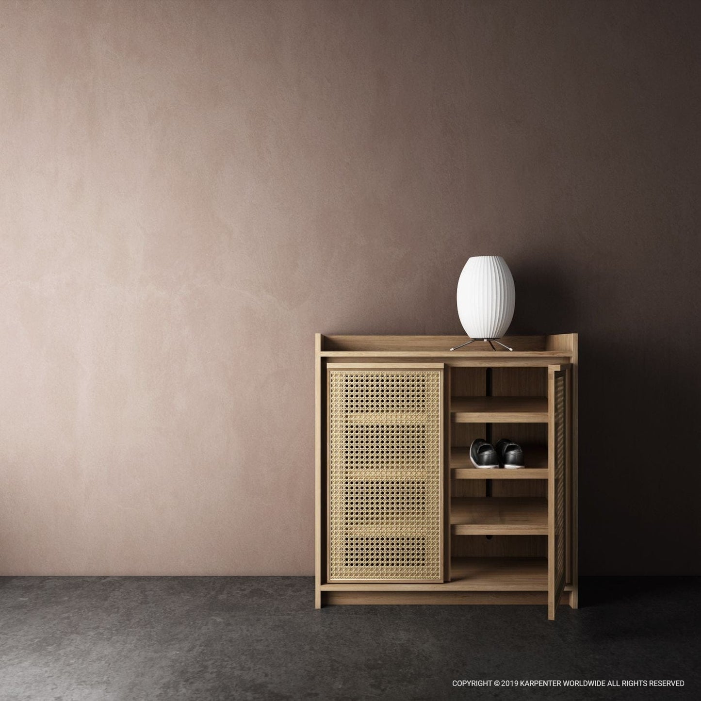 Roots Shoe Rack with woven door and shoes