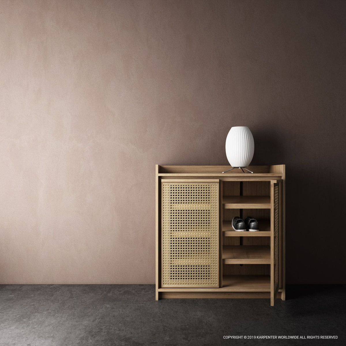 Roots Shoe Rack with woven door and shoes