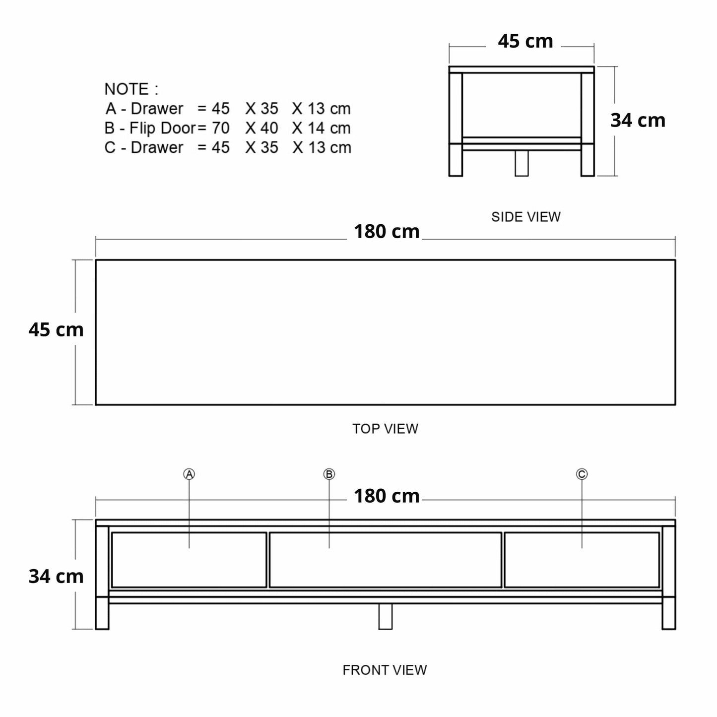180cm x 45cm x 34cm