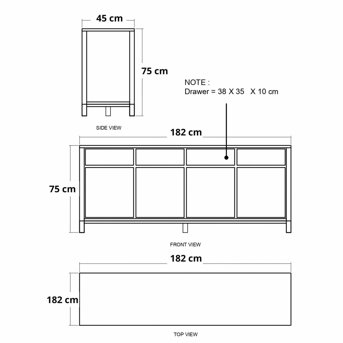182cm x 75cm, drawer 38x35x10cm