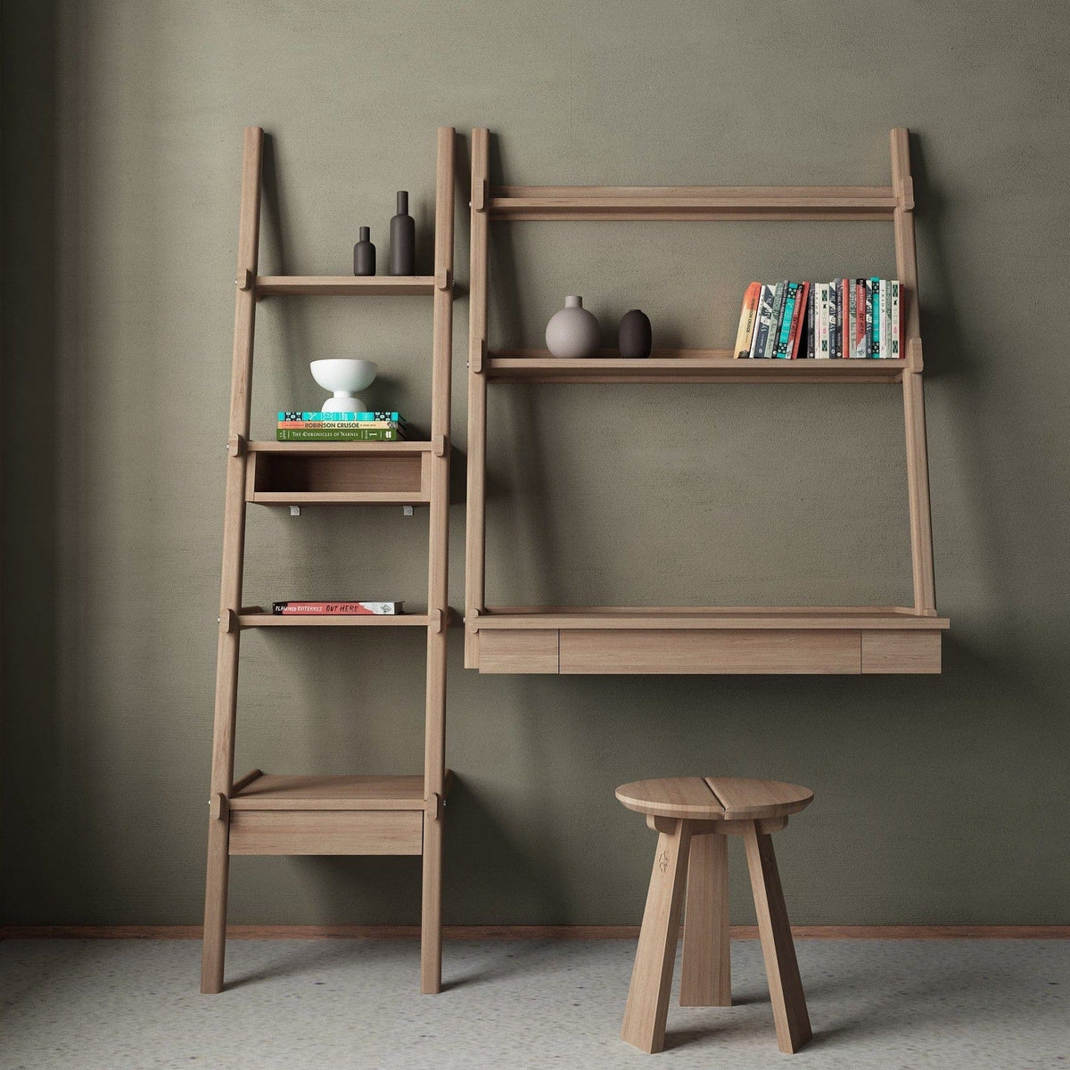 Simplycity desk with east stool and shelving unit