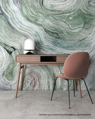Desk with abstract wall art and chair