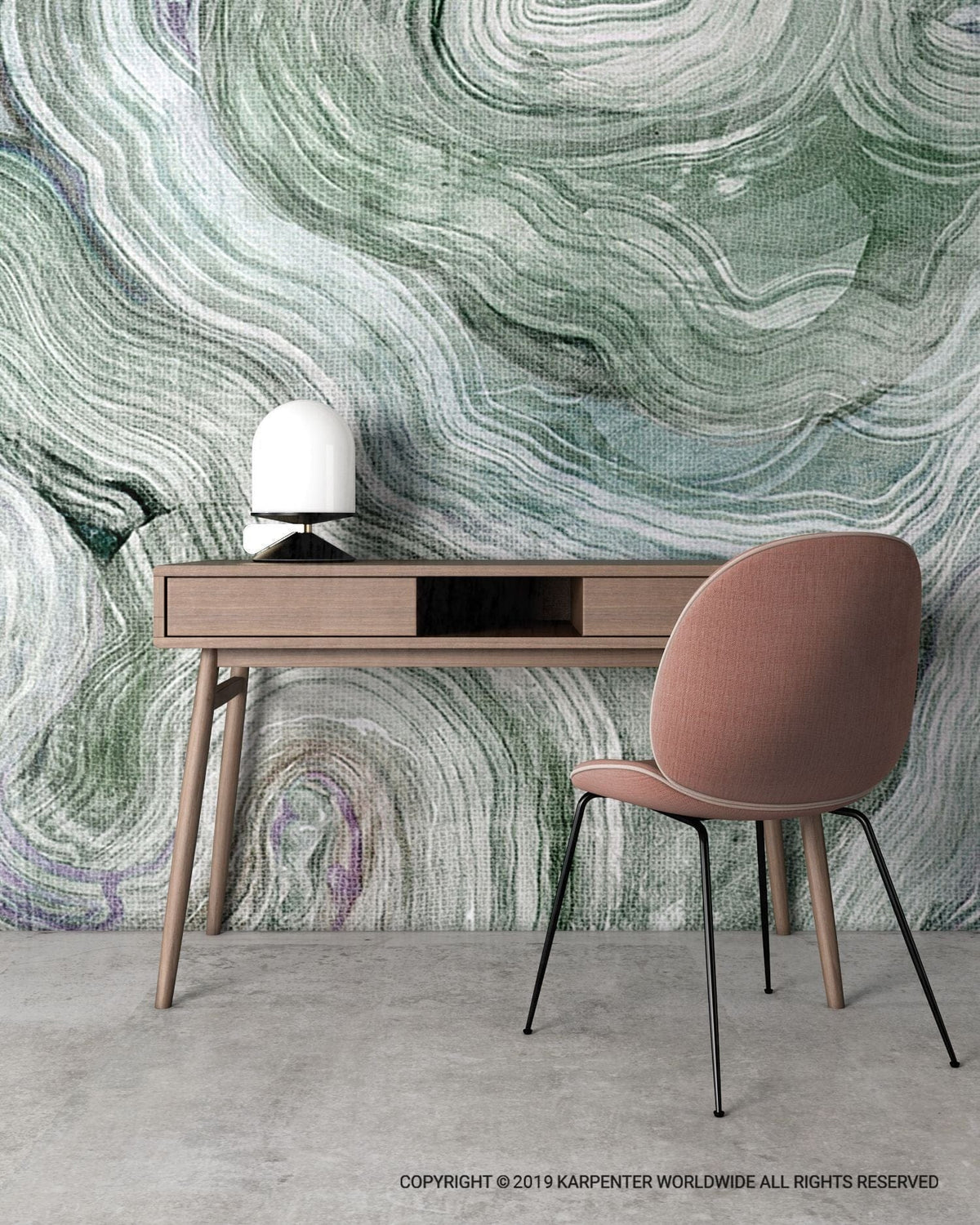 Desk with abstract wall art and chair