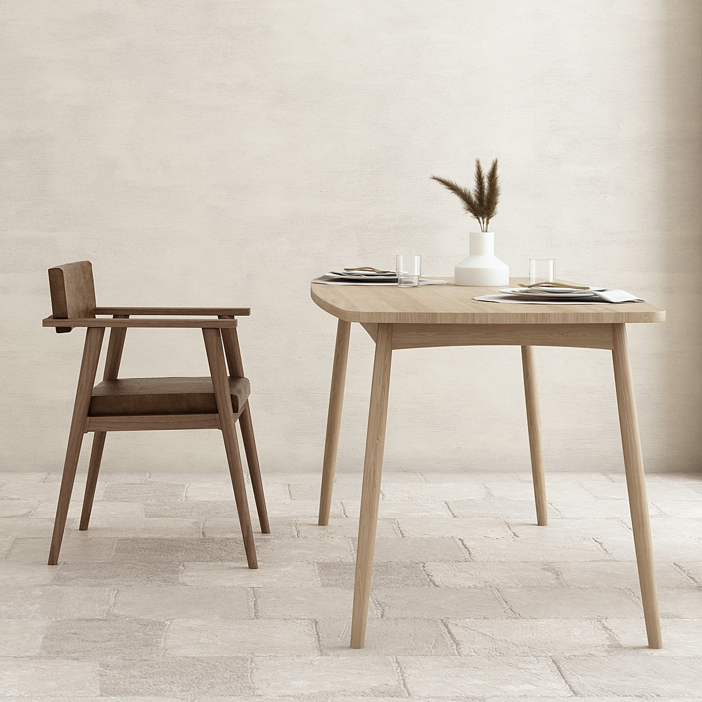 Wooden dining table with two chairs in a minimalistic room.
