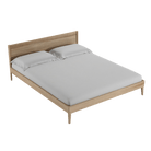 Modern wooden bed frame with white bedding, May 2025 design.
