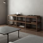 Horizontal wooden rack with trays and books