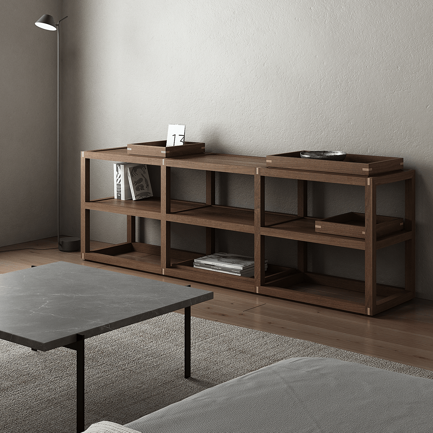 Horizontal wooden rack with trays and books