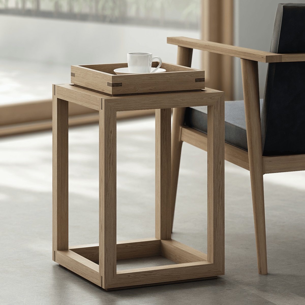 White Oak Up/Down Side Table with tray and cup.