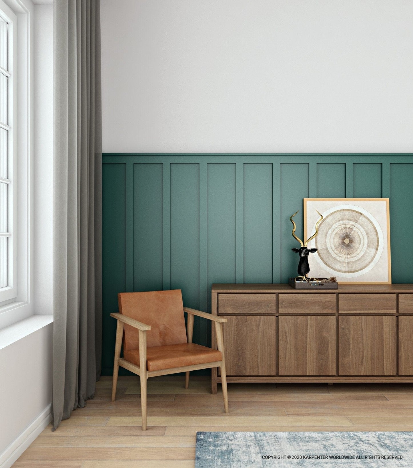 Vintage easy chair in modern living room with wood cabinet