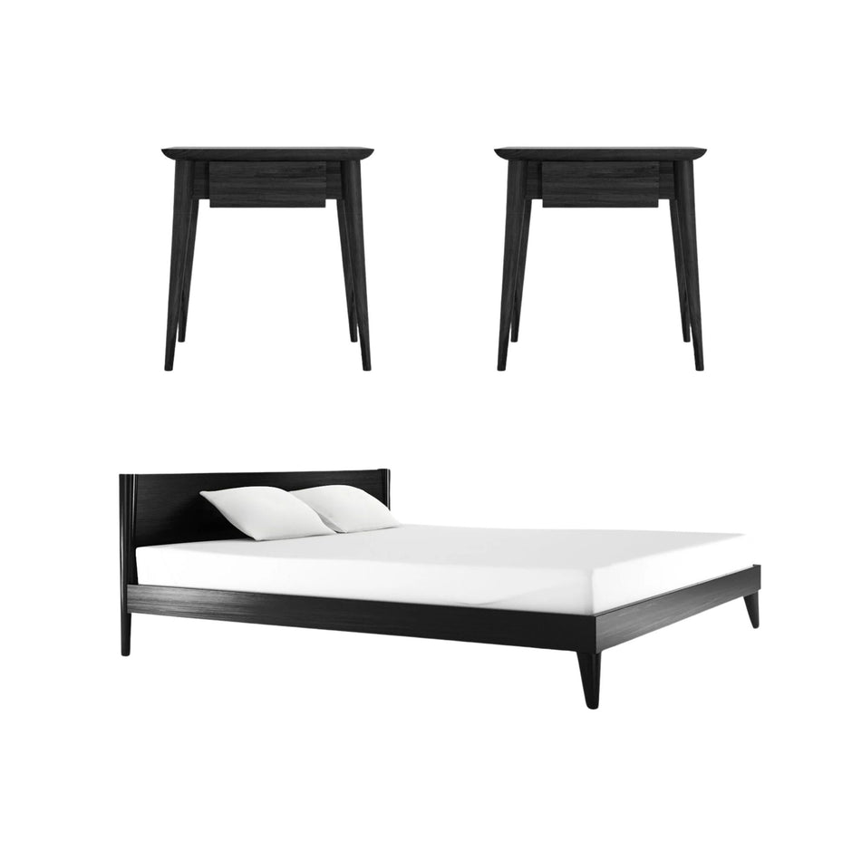 Vintage King Bed with 2 Bedside Tables Set - Satin Black