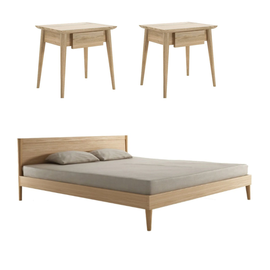 Vintage Queen Bed with 2 Bedside Tables Set - European Oak