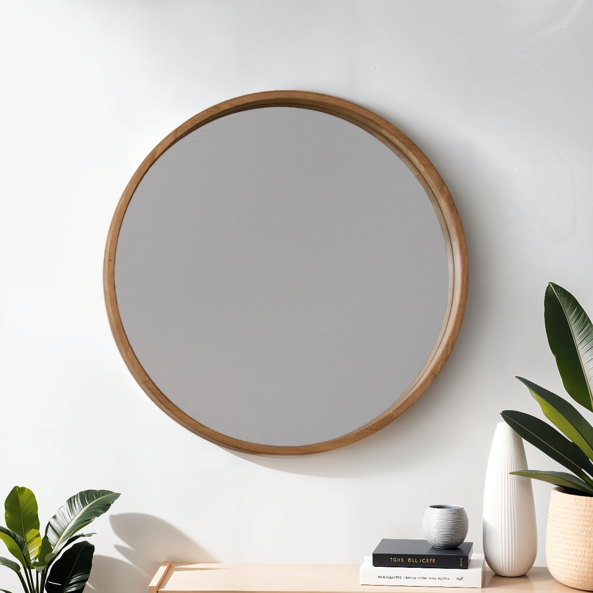 Round wooden-framed mirror on a white wall with decorative items below.