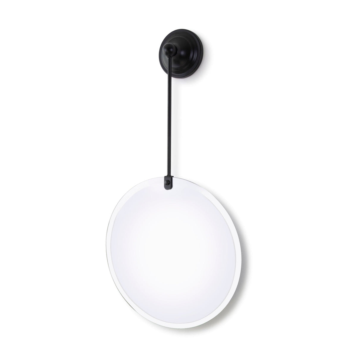Round mirror with black cord and wall mount.