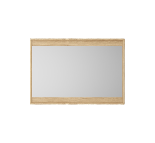Rectangular mirror with a light wood frame.