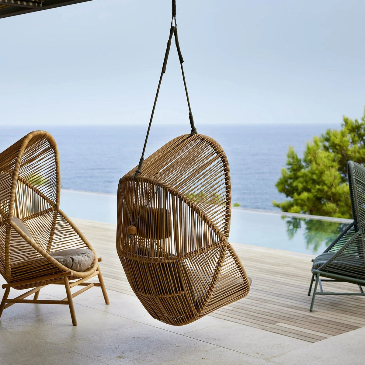Hive lounge chair 2, hanging wicker chair with ocean view