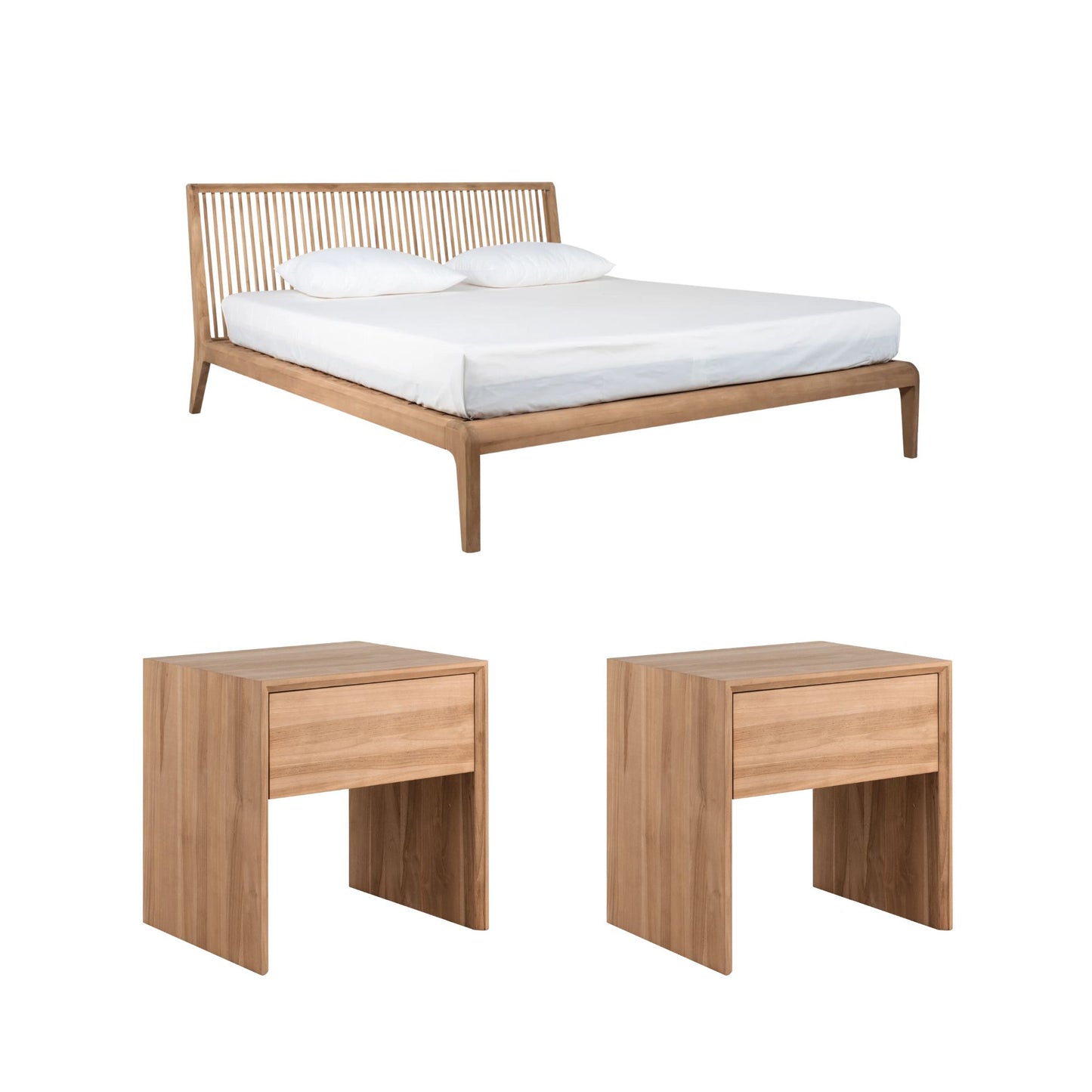 Jodoh Spindle Queen Bed with 2 Bedside Tables Set - Teak
