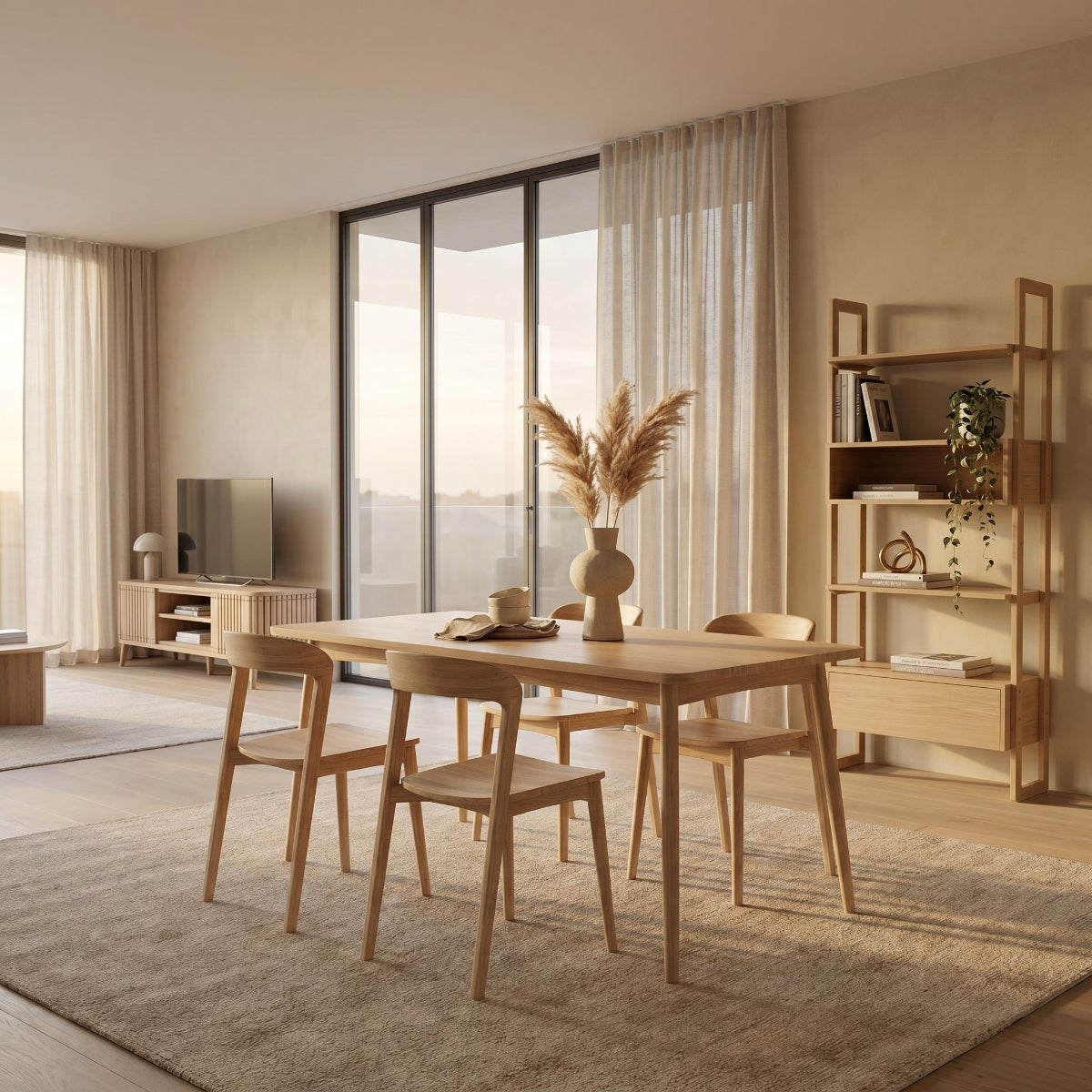 Modern dining room with wooden furniture and large windows.