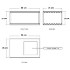 front, side, & top views with dimensions.