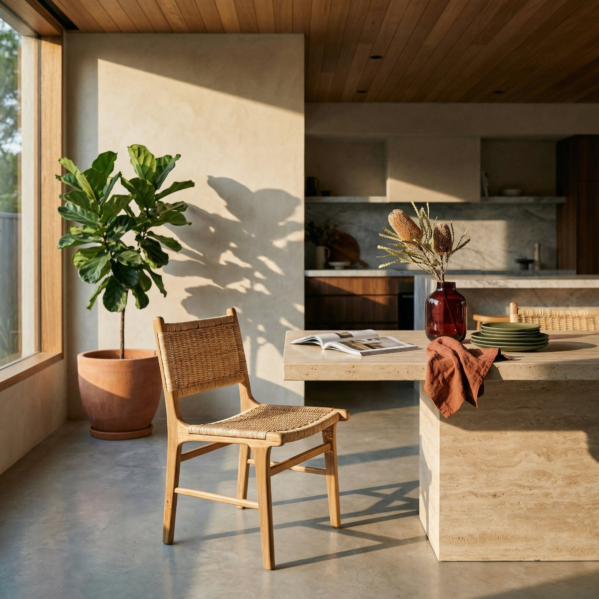 Modern kitchen with wooden chair, table, and potted plant