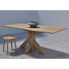 Wooden table, stool, and decorative bowl.