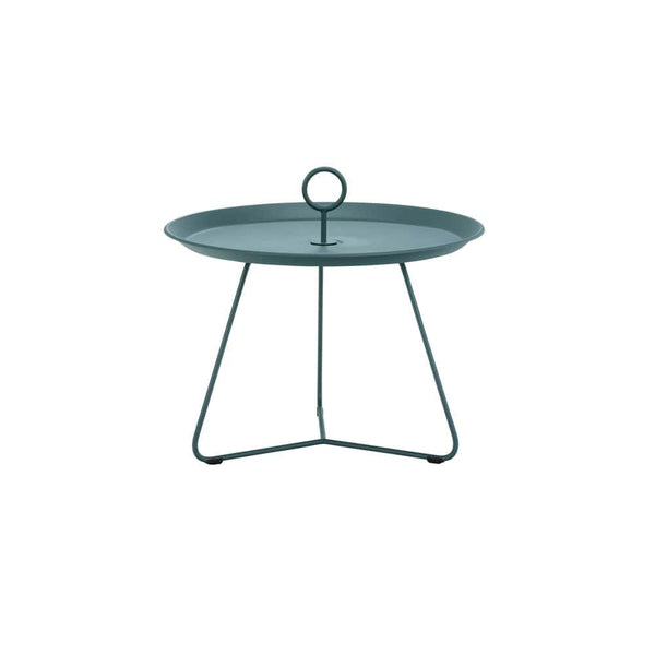 Teal side table with handle.