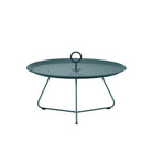 Teal-colored round tray table with handle.