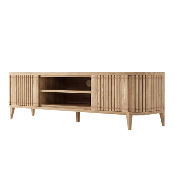 Wooden media console with sliding doors.