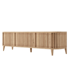 Wooden cabinet with vertical slat design and angled legs.