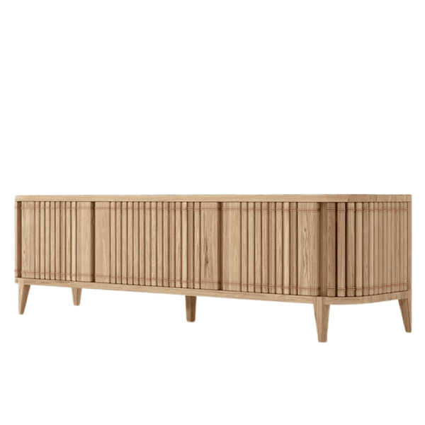 Wooden cabinet with vertical slat design and angled legs.