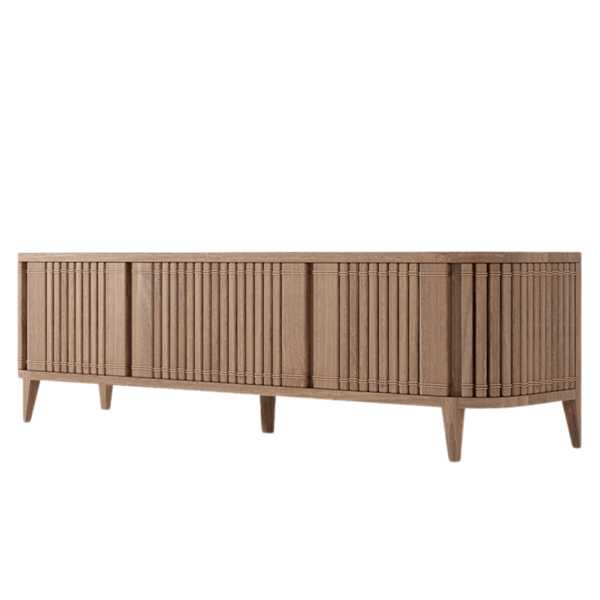 Wooden cabinet with vertical slat doors.