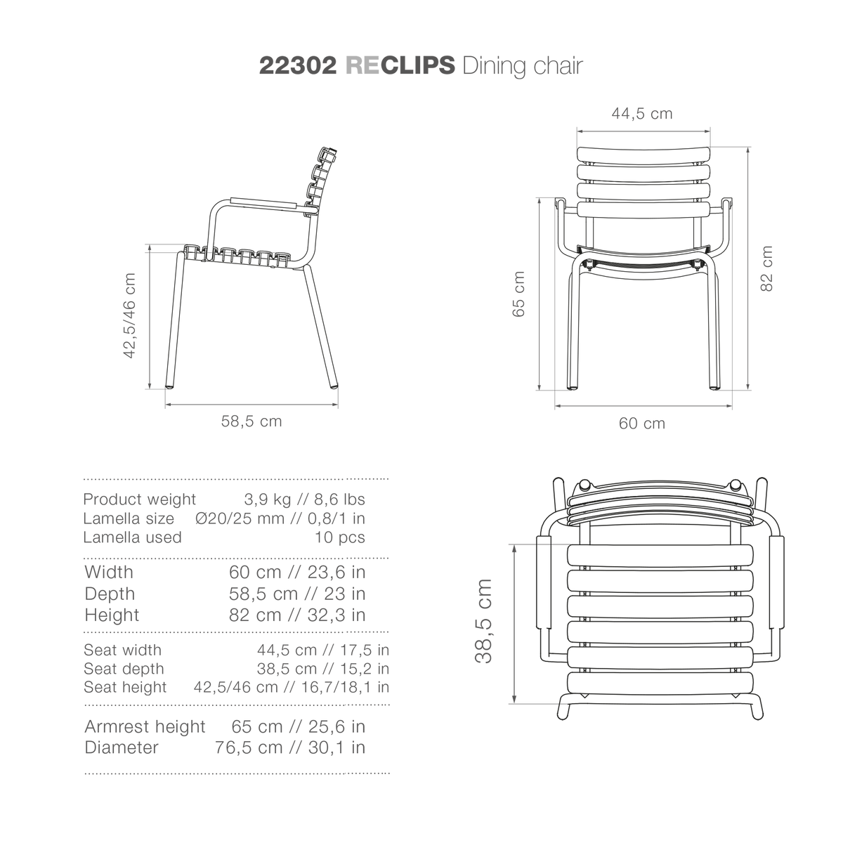 ReCLIPSDiningchair dimensions diagram.