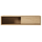 Wooden wall-mounted shelf with sliding drawer.