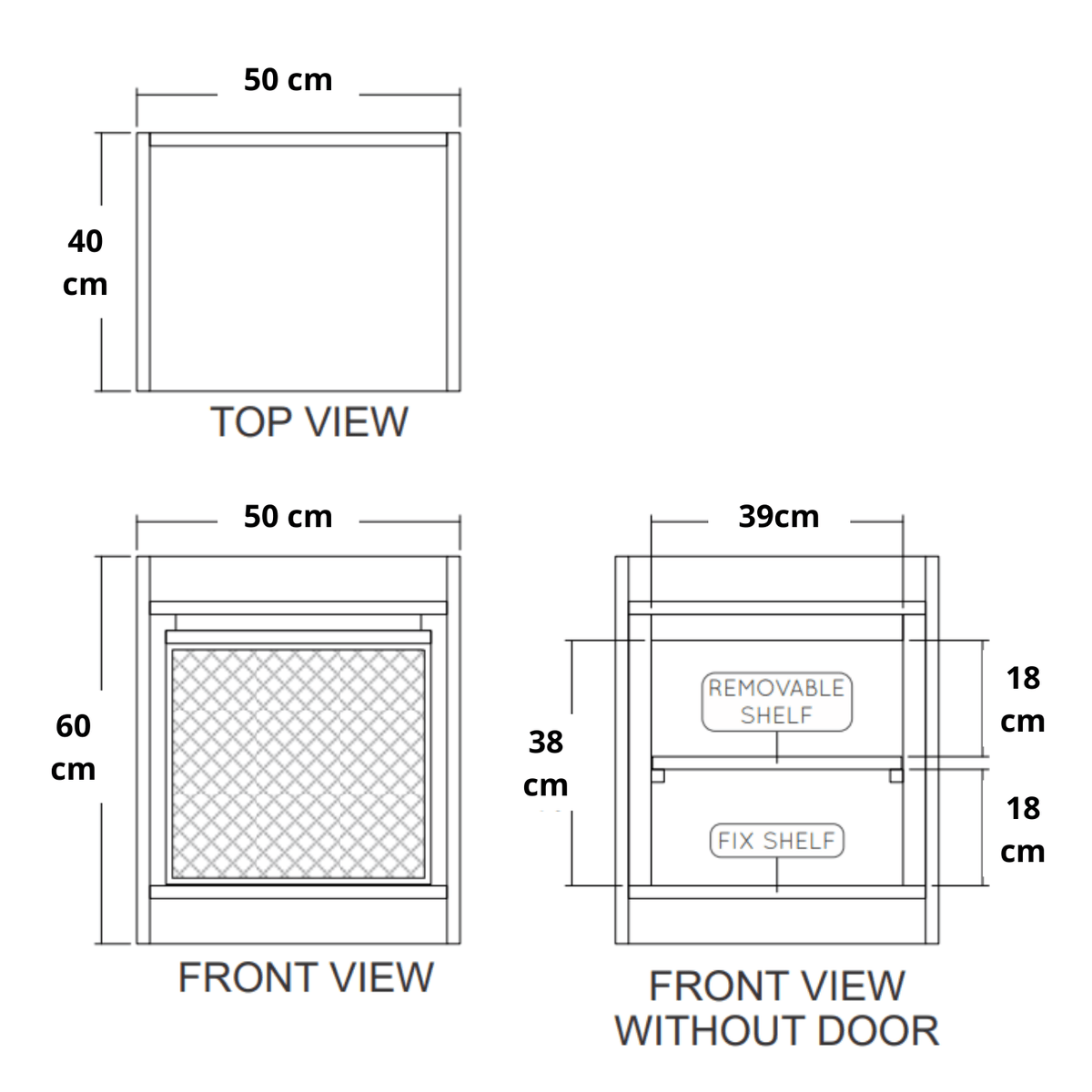 Top, front, and interior views with measurements.